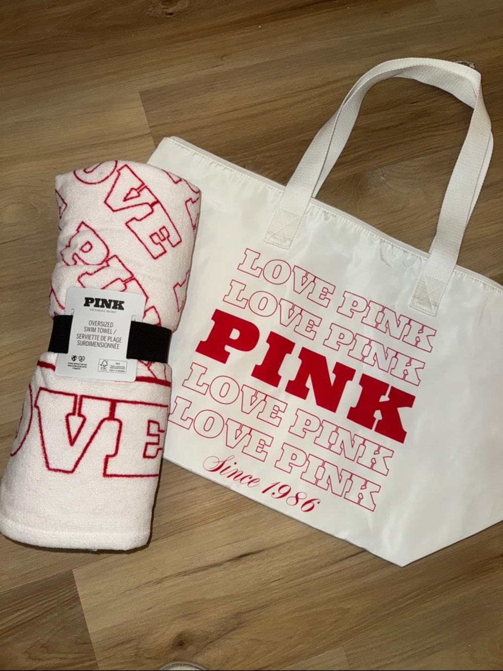 PINK White Tote & Beach Towel Set - Red Logo brand new